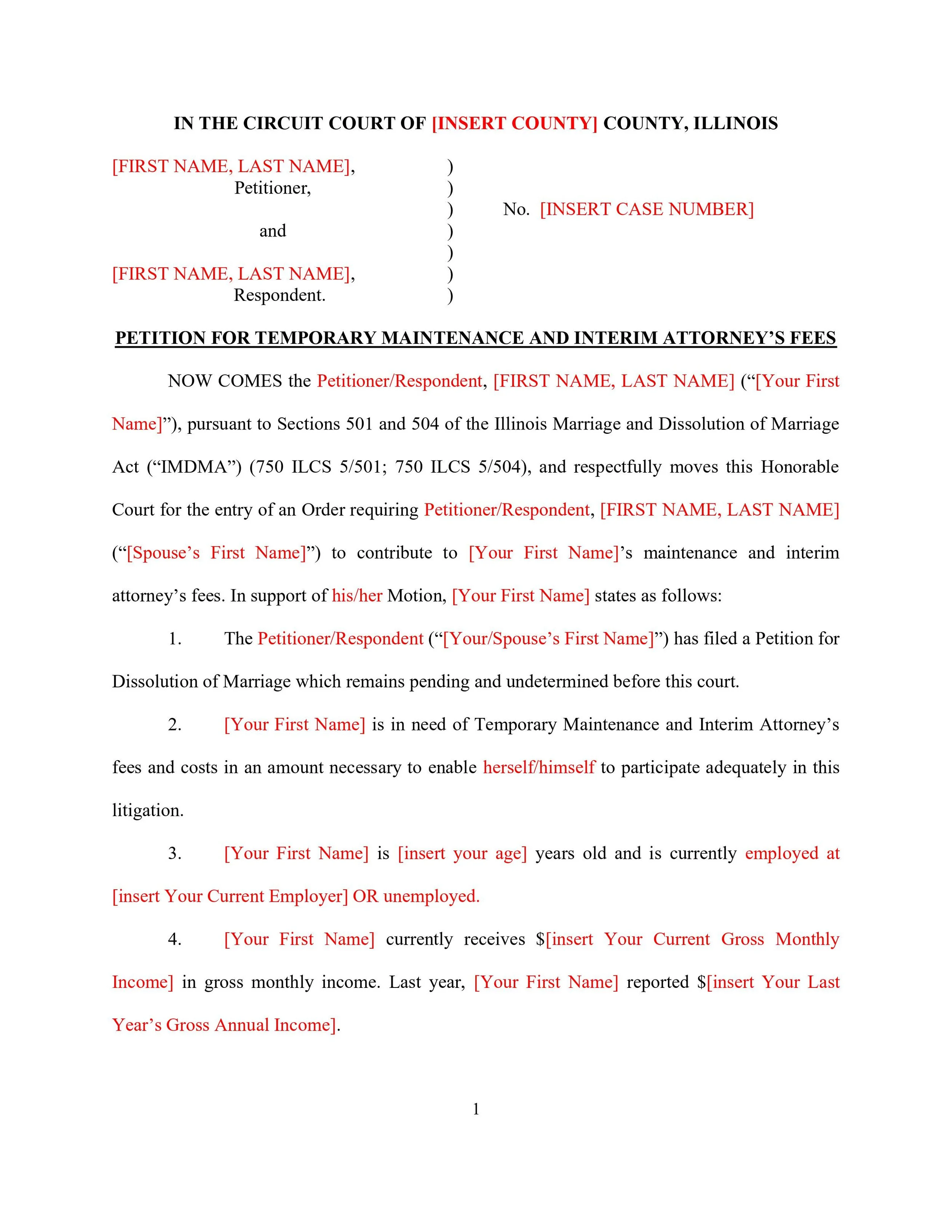 Petition for Temporary Maintenance and Interim Attorney's Fees