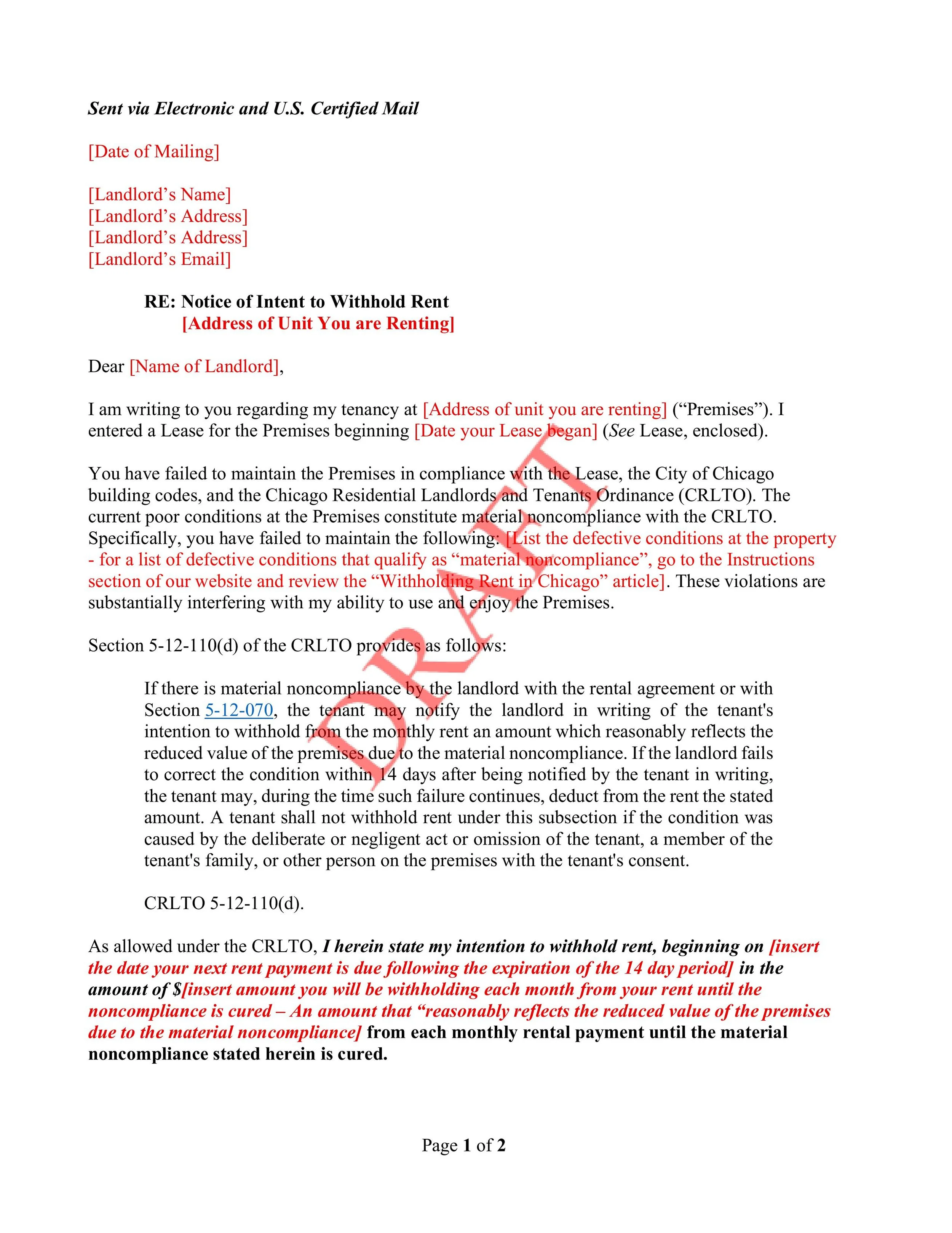 Chicago Notice of Intent to Withhold Rent
