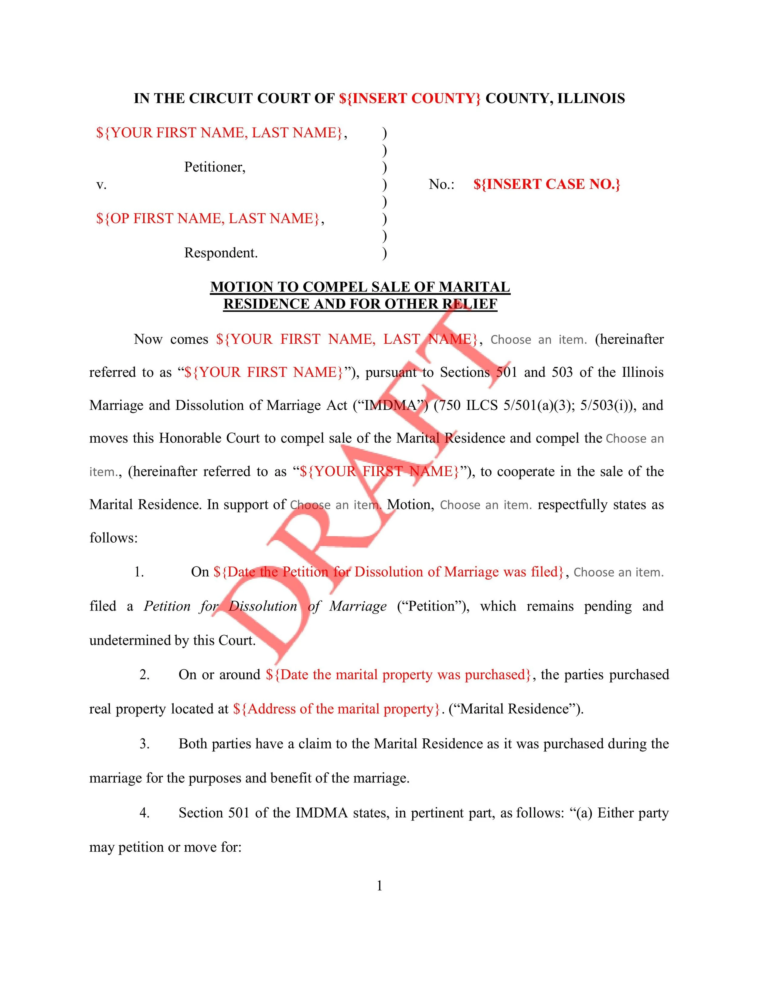 Motion to Compel Sale of Marital Residence