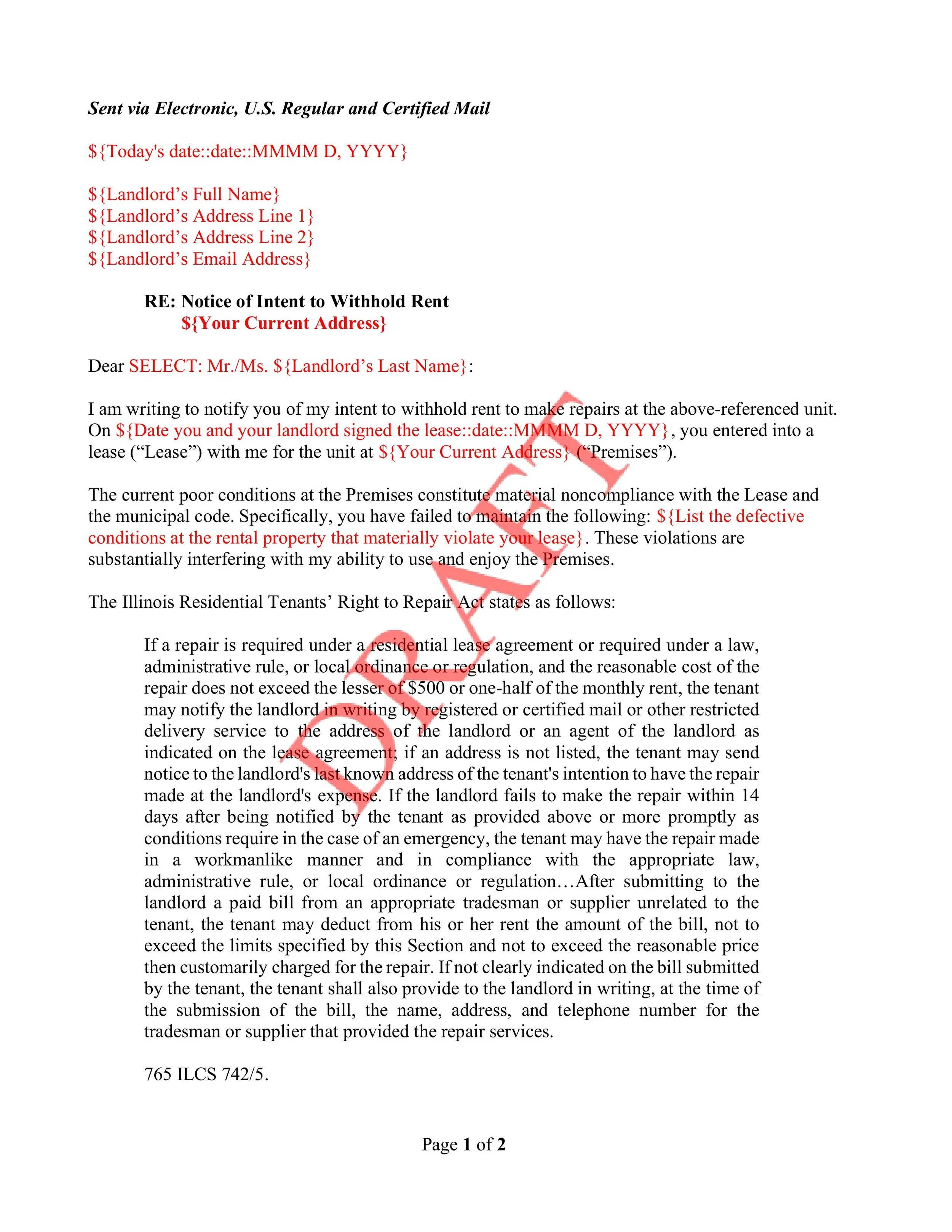 Notice of Intent to Withhold Rent to Repair