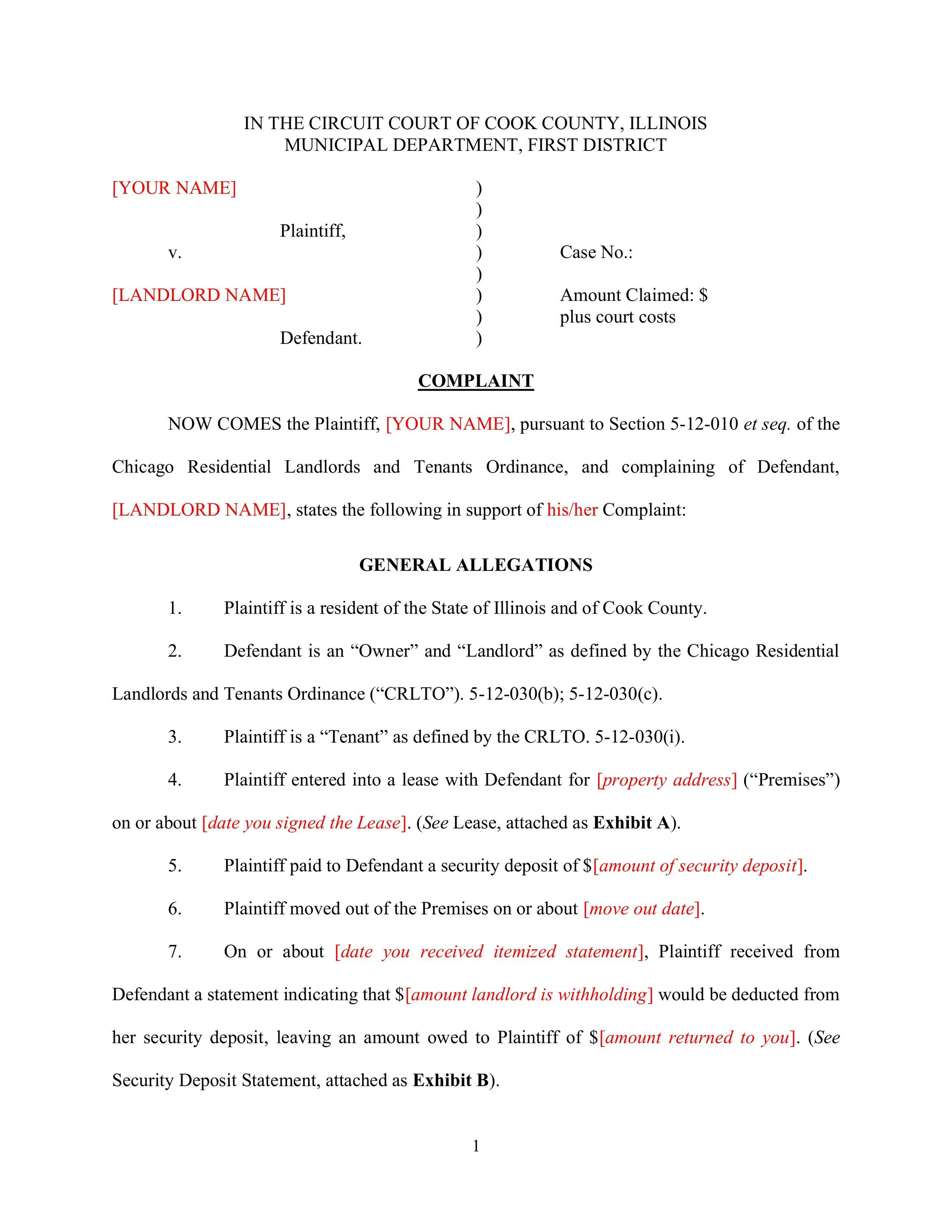 Chicago Security Deposit Complaint