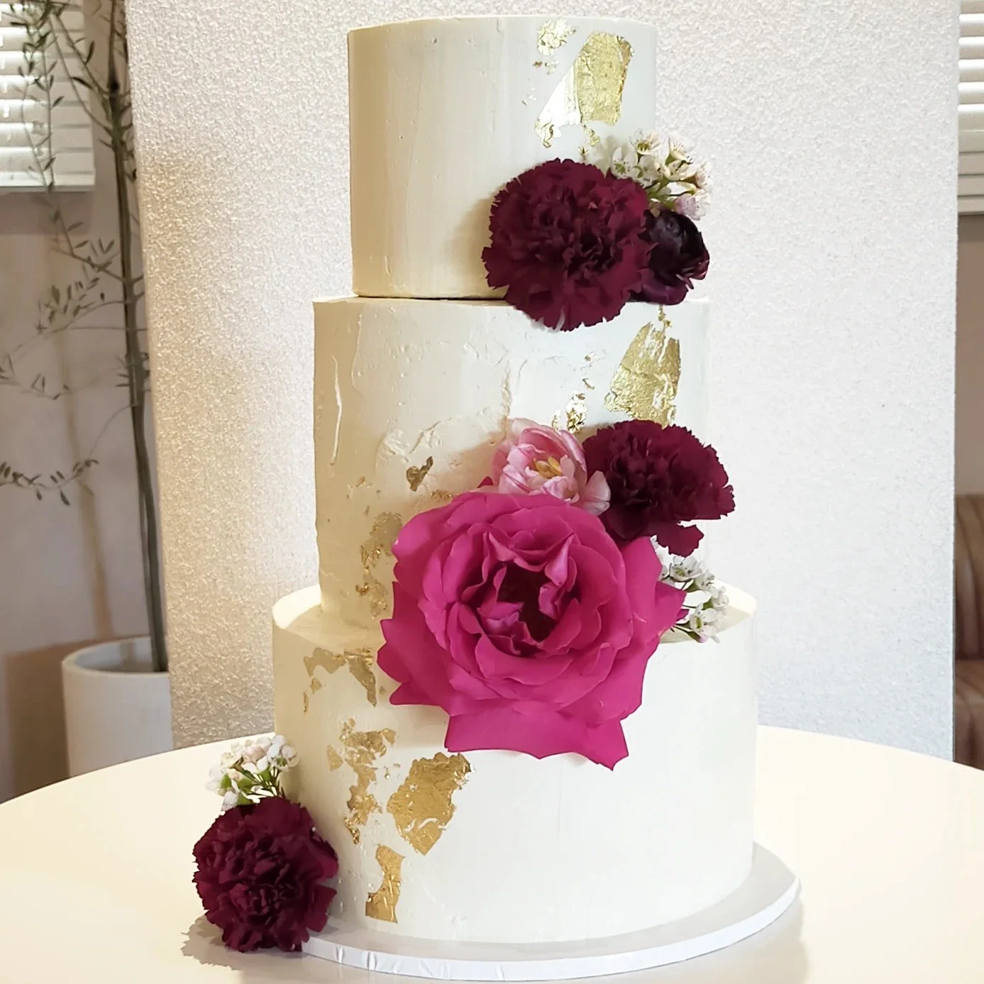 3 Tier Smooth and Texture Finish with Florals and Gold Leaf