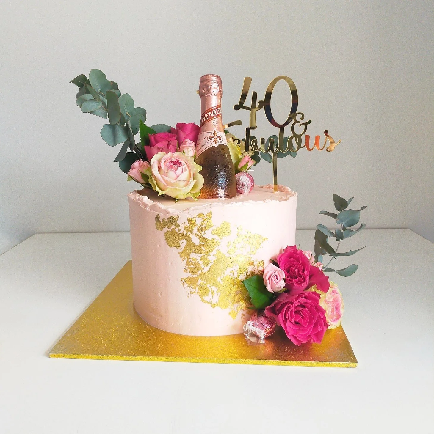 8" Standard with Topper, Florals, Bottle & Gold Leaf