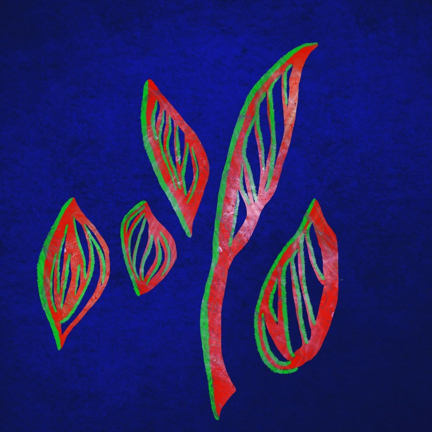 Abstract artwork of leaf shapes with a red and green color outline on a dark blue background.