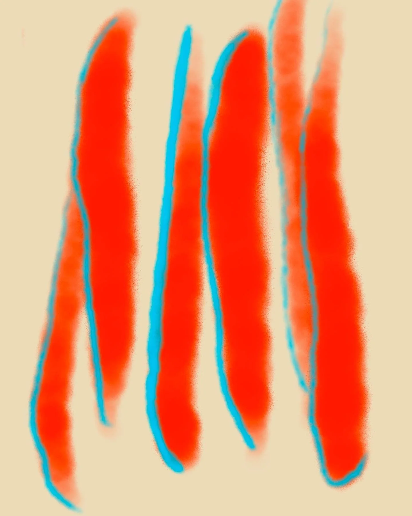 Abstract artwork with vertical red and orange streaks outlined in blue on a beige background.