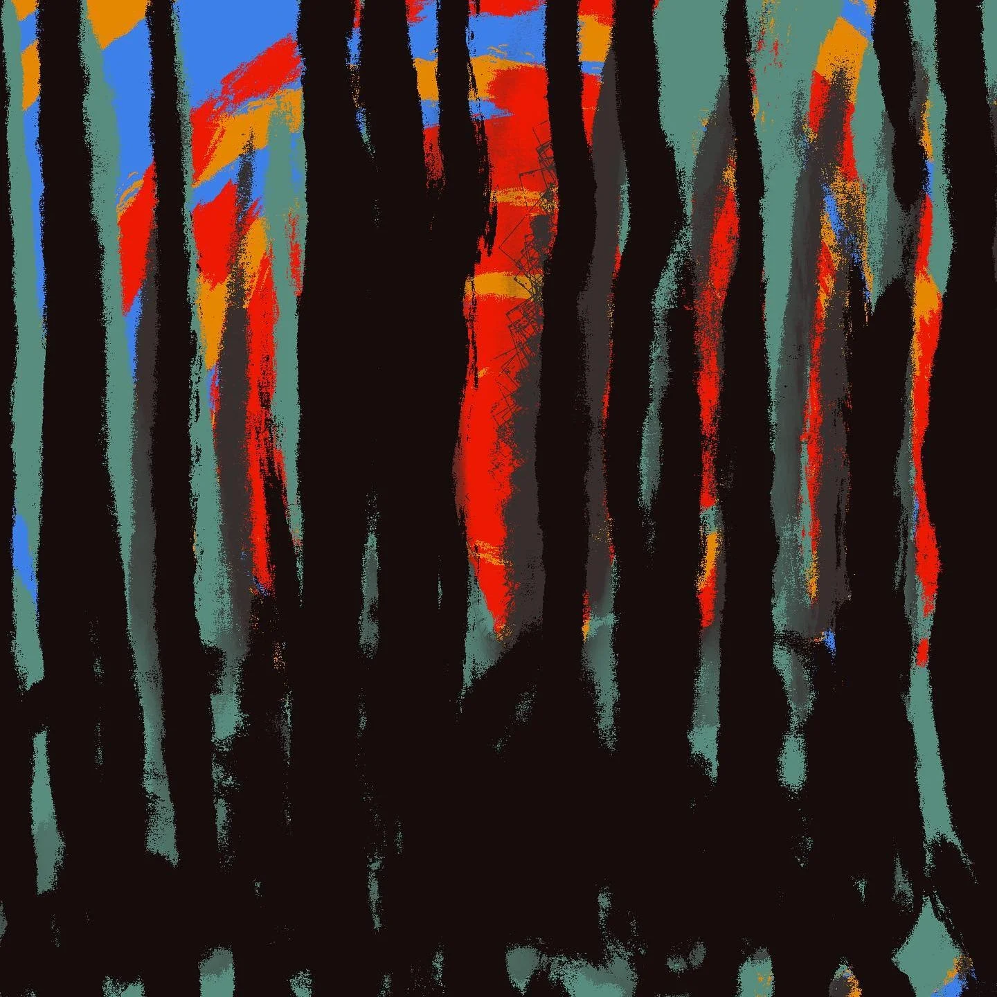 Abstract digital painting of a forest with black tree silhouettes against a vibrant background of orange, red, blue, and teal colors.