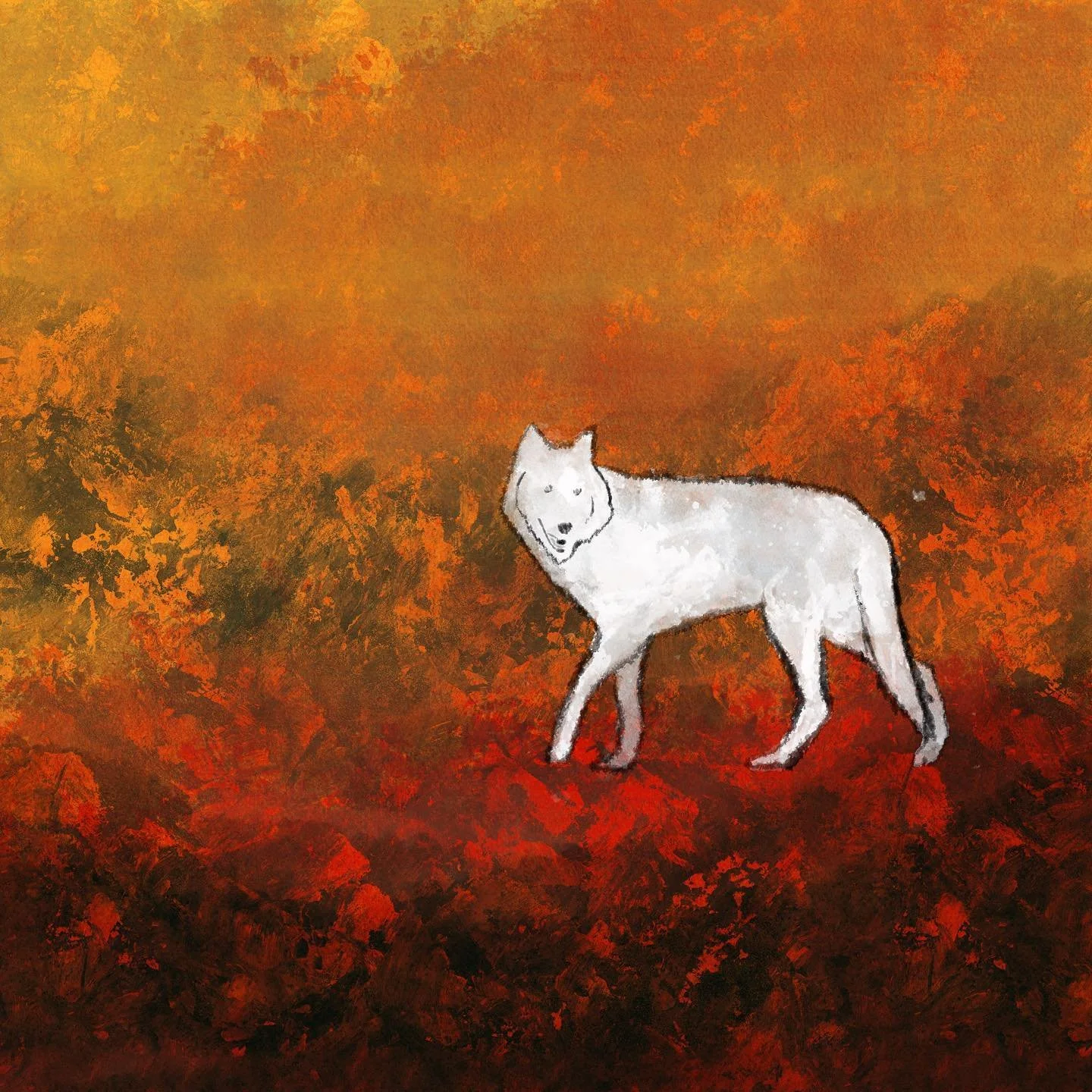 An artistic painting of a white wolf standing on a forest floor with orange, red, and yellow foliage, and an orange sky in the background.
