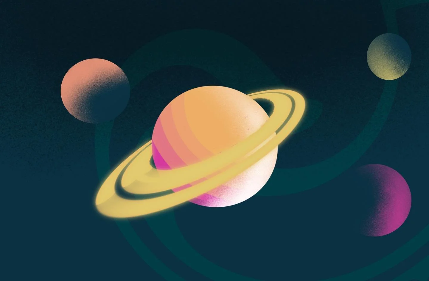 Digital illustration of planets in space, featuring a central planet with rings, surrounded by four other planets of different colors and sizes, set against a dark starry background.