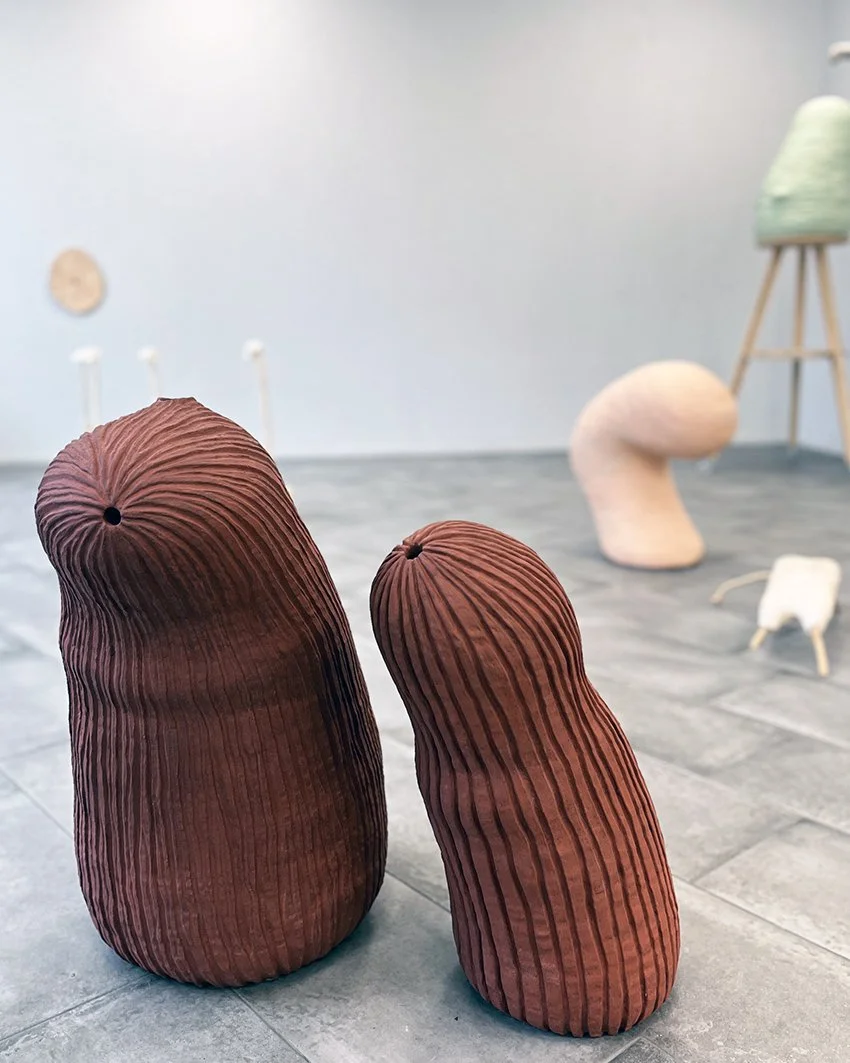 Två skulpturer som liknar stora, rynkiga, avlånga bruna bönor, placerade i ett modernt konstgalleri.