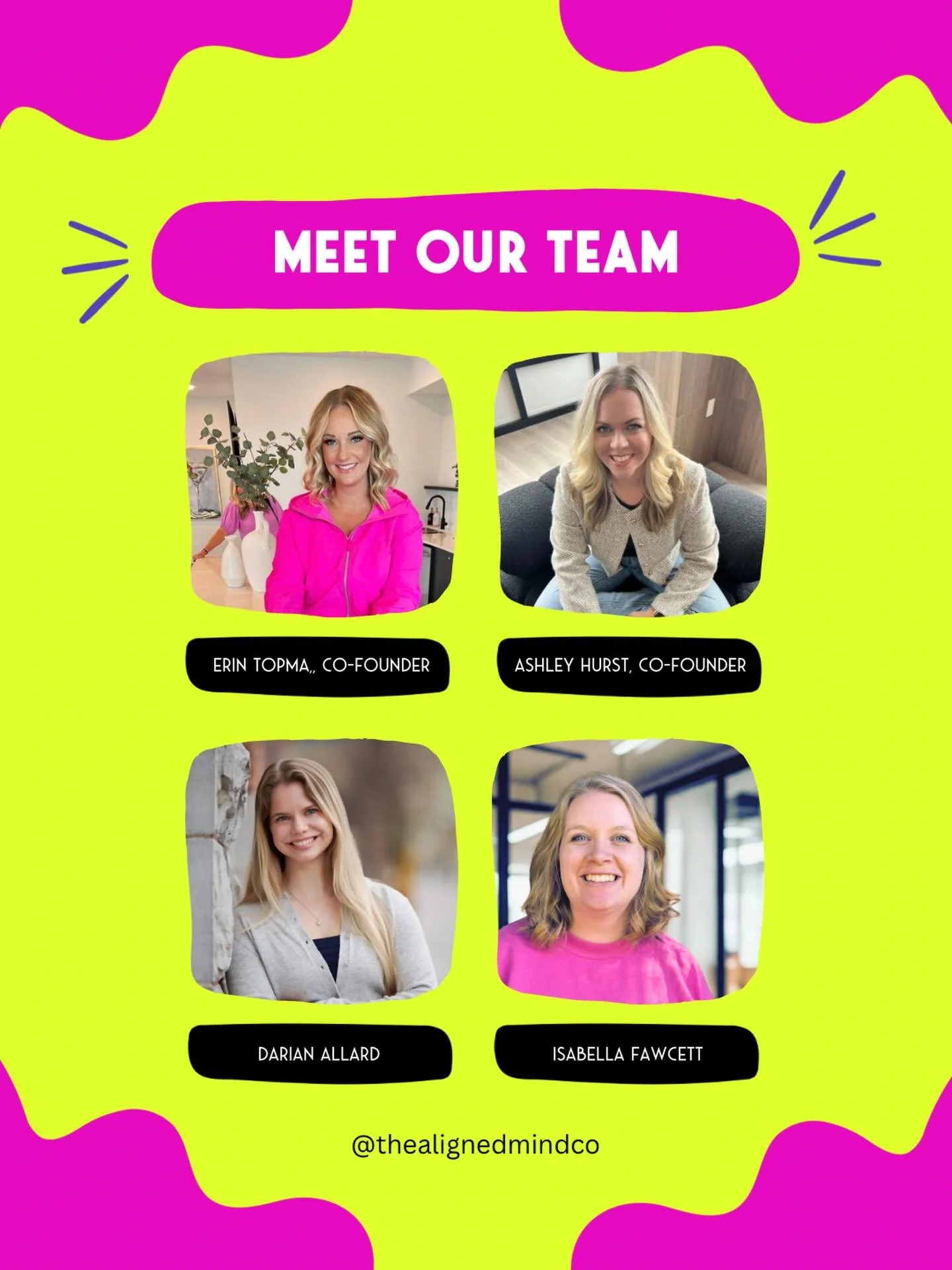 Meet the therapists at The Aligned Mind Collective ✨

Each person on our team brings their own training, perspectives, and areas of focus into the work. 

Together, we support people through anxiety, relationships, life transitions, identity explorat