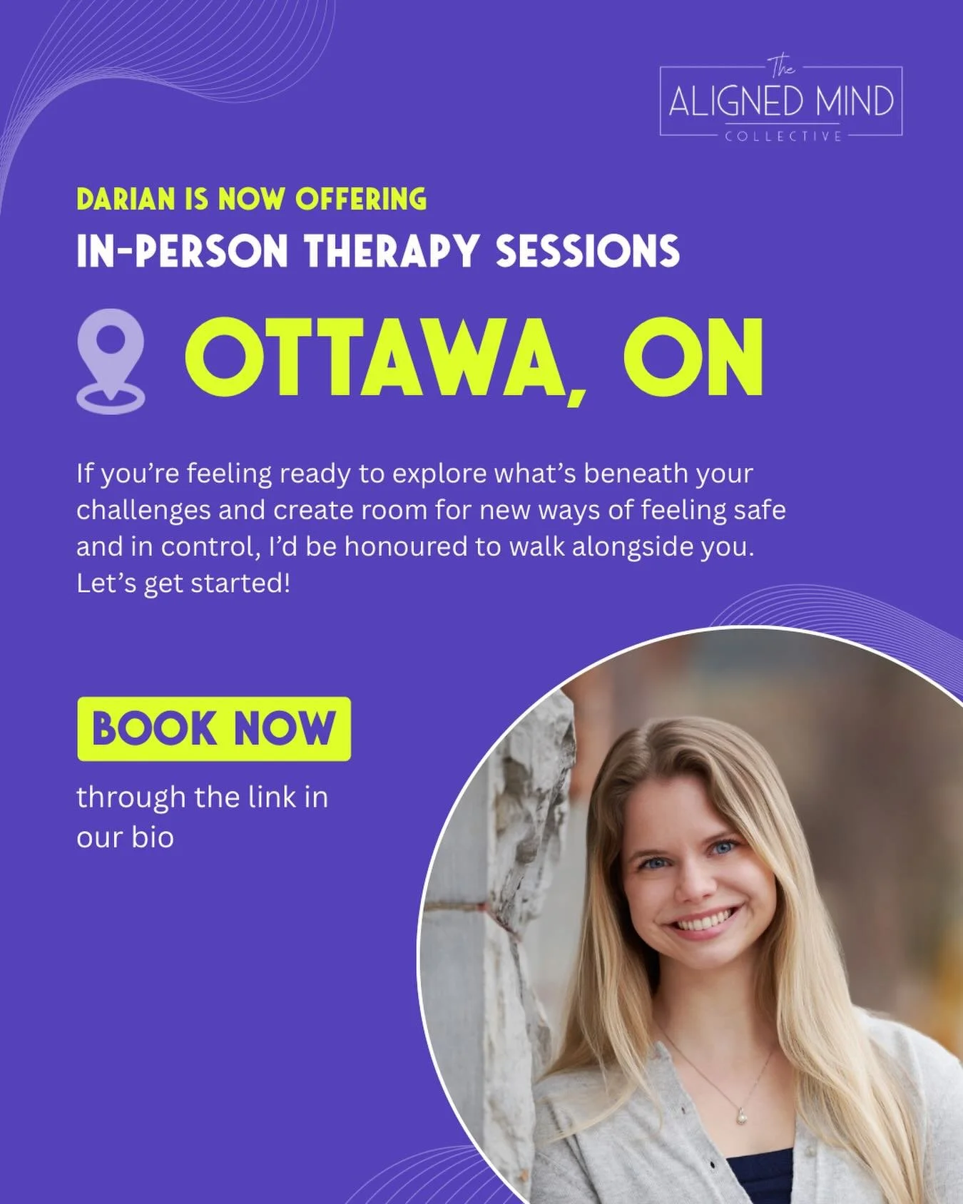 In-person sessions are here ✨

Starting May 1, Darian will be offering in-person therapy for both new and current clients in and around the Ottawa, Ontario area.

Darian is an EMDR-trained therapist who works primarily with trauma and anxiety, suppor
