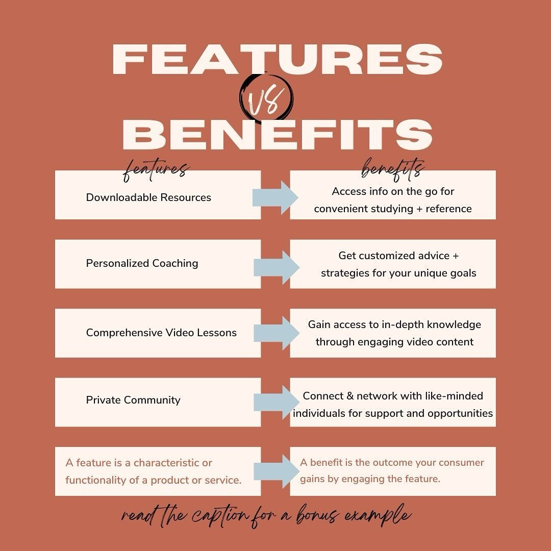 I like to think of marketing as dating, so let&rsquo;s discuss a real-world example of features vs. benefits. 

Let&rsquo;s say you meet a man with money .. great feature for a man to have, right? 

But what good is his money if he&rsquo;s not spendi