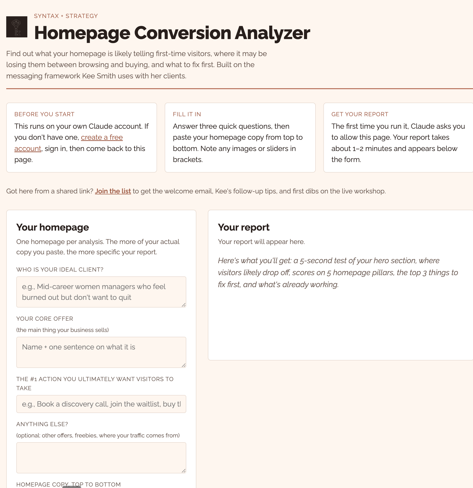 screenshot of the homepage conversion analyzer tool