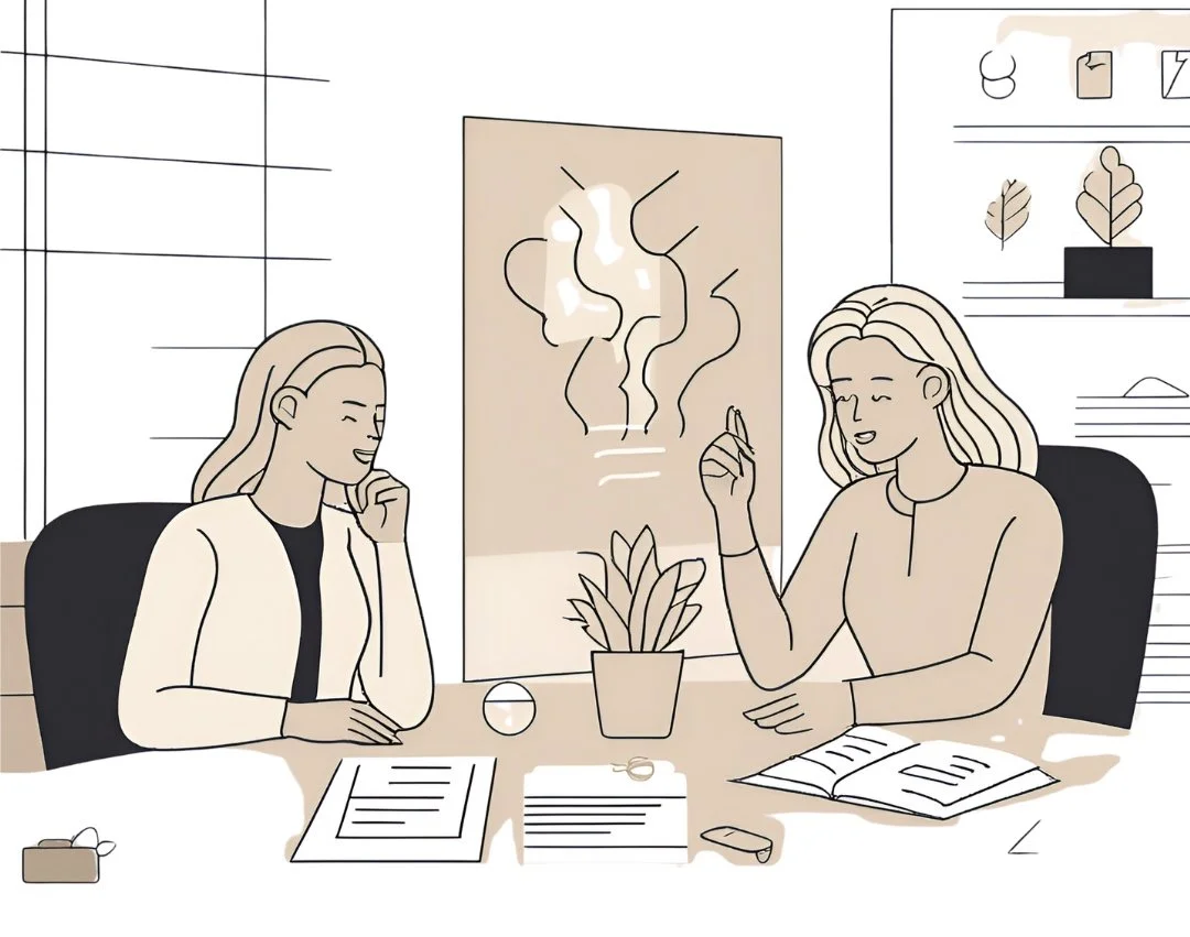 Zwei Frauen sitzen sich an einem Tisch gegenüber, die eine erklärt etwas, die andere hört aufmerksam zu. Es gibt Papiere, Bücher und eine Pflanze auf dem Tisch.