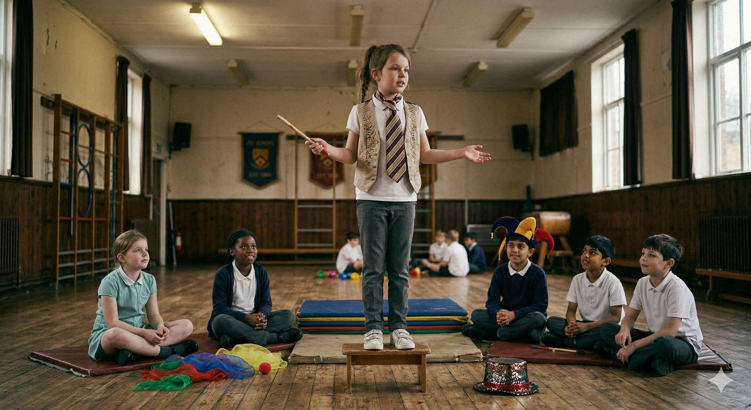 A girl standing on a small stool, holding a drumstick and wearing a vest and tie, performs for a group of seated children in a school hall.