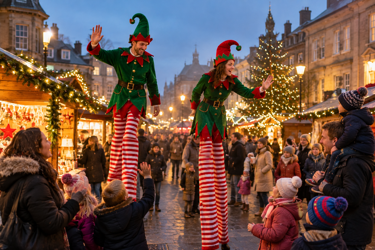 Two stilt walkers dressed as Christmas elves entertaining families at a UK Christmas market at dusk