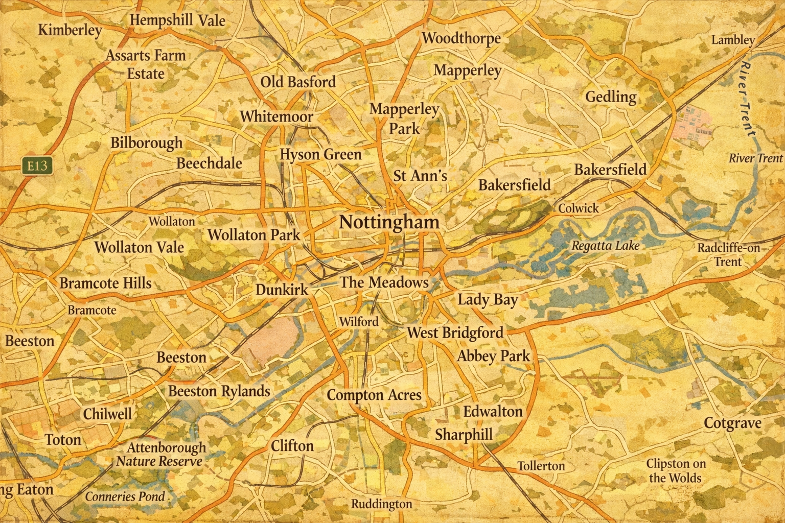 A map of Nottingham and surrounding areas.