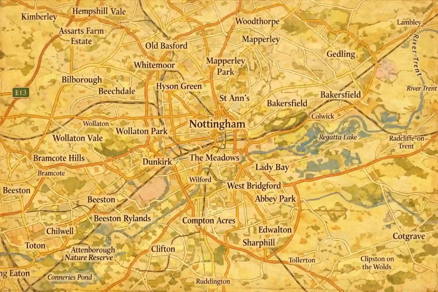 A map of Nottingham and surrounding areas.