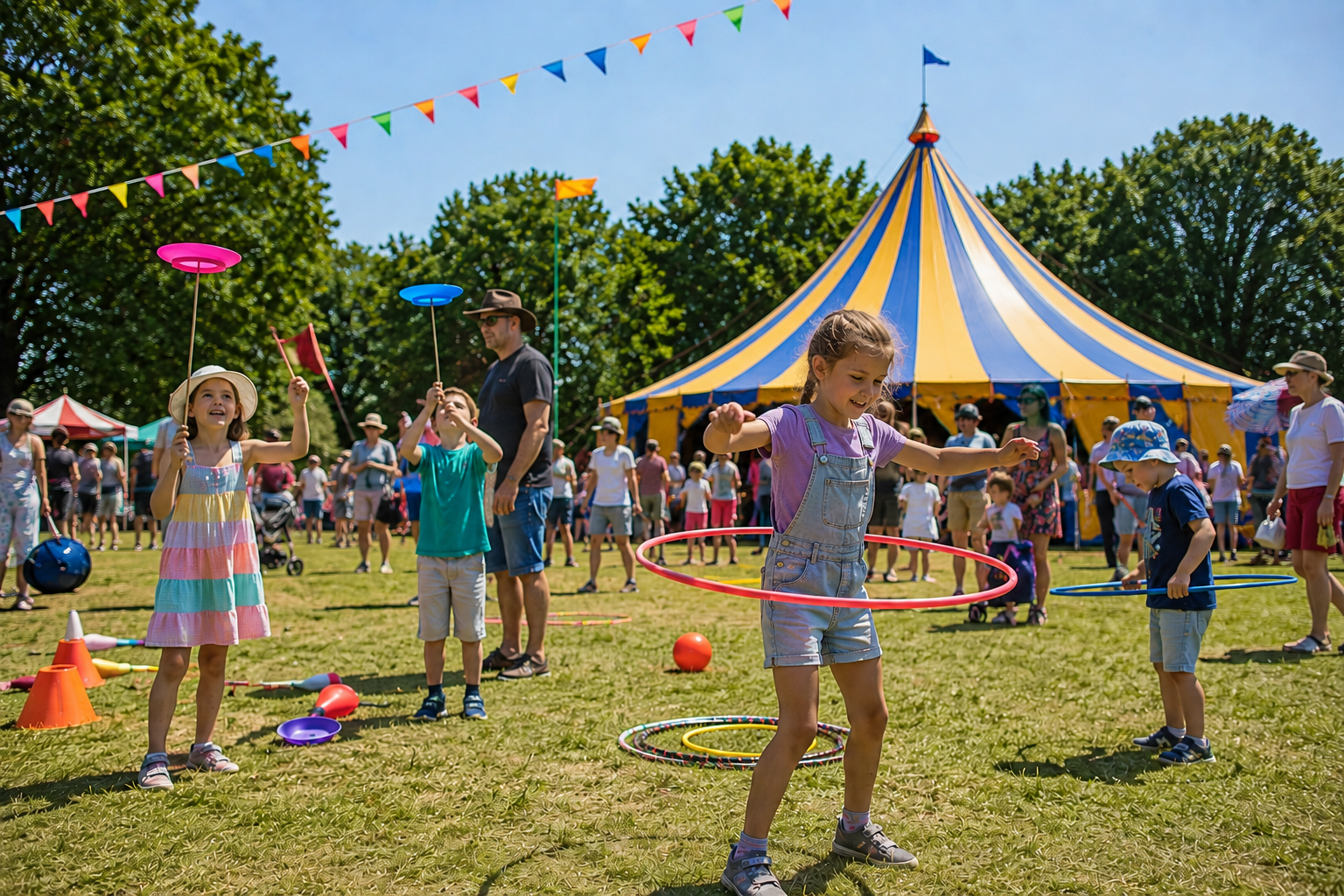 Circus big top tent and skills workshops at a community summer fair with Elevate Circus Workshops