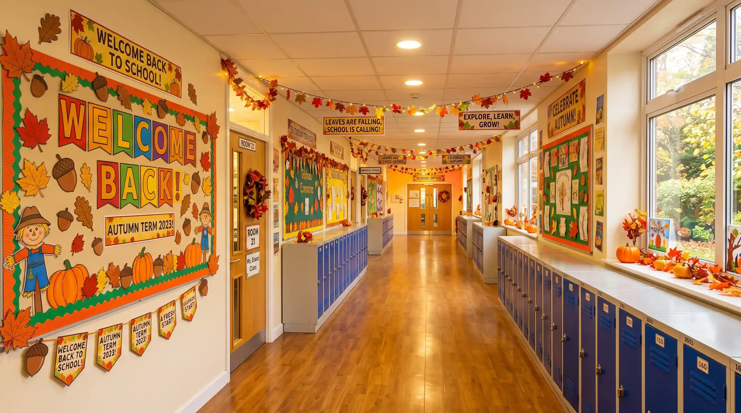 School corridor decorated for the start of the new autumn term, welcoming pupils back for circus skills workshops