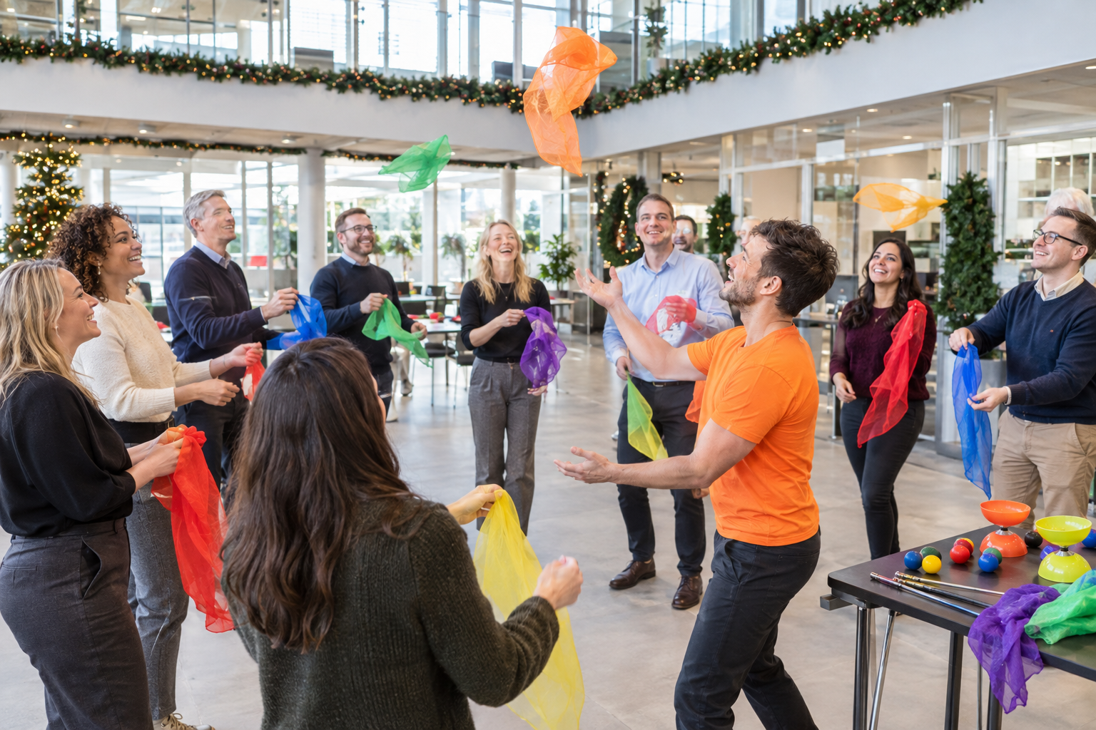 Corporate team learning to juggle scarves together at a Christmas team-building circus skills workshop