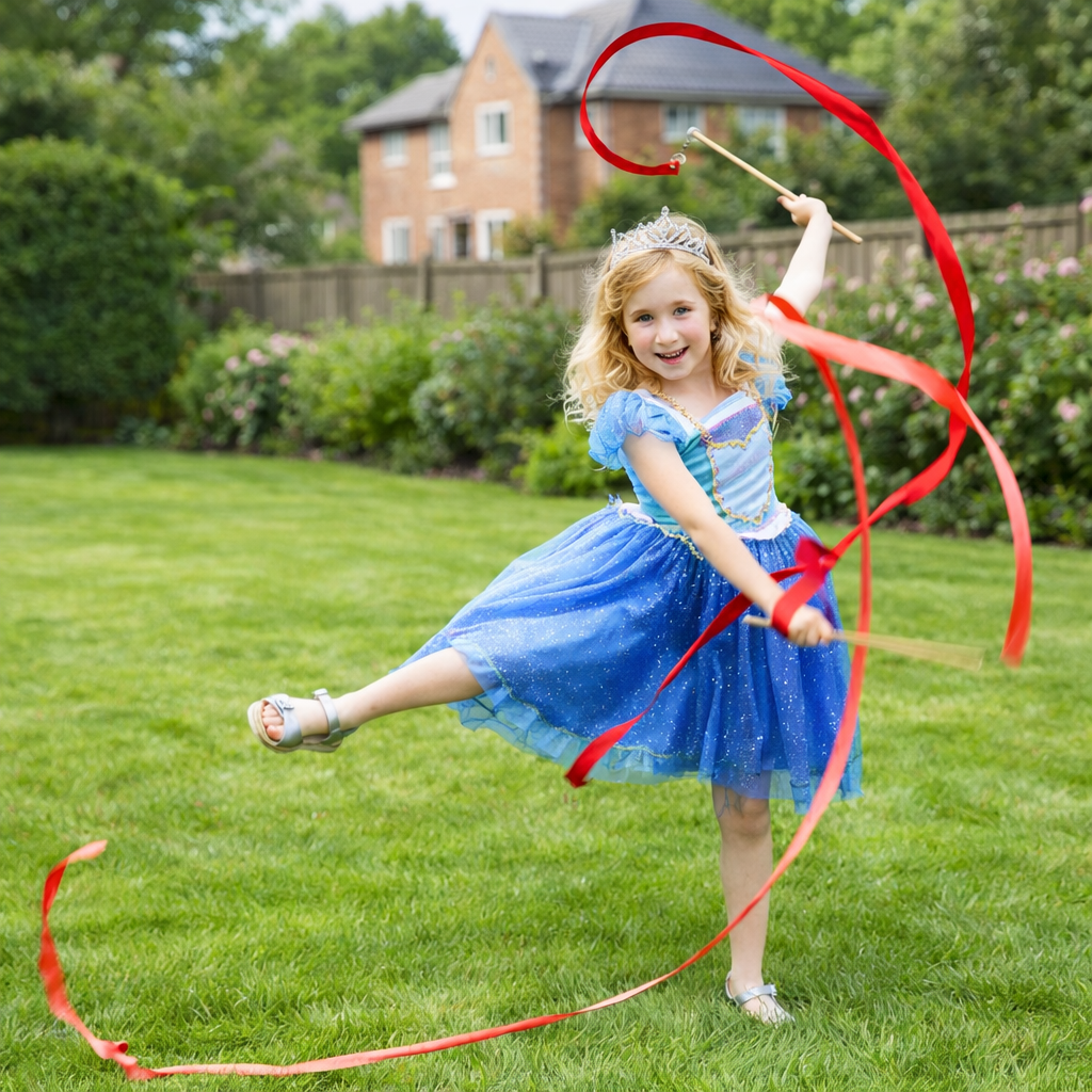 Young girl in party dress twirling a red ribbon stick in a garden at a circus skills birthday party in the UK