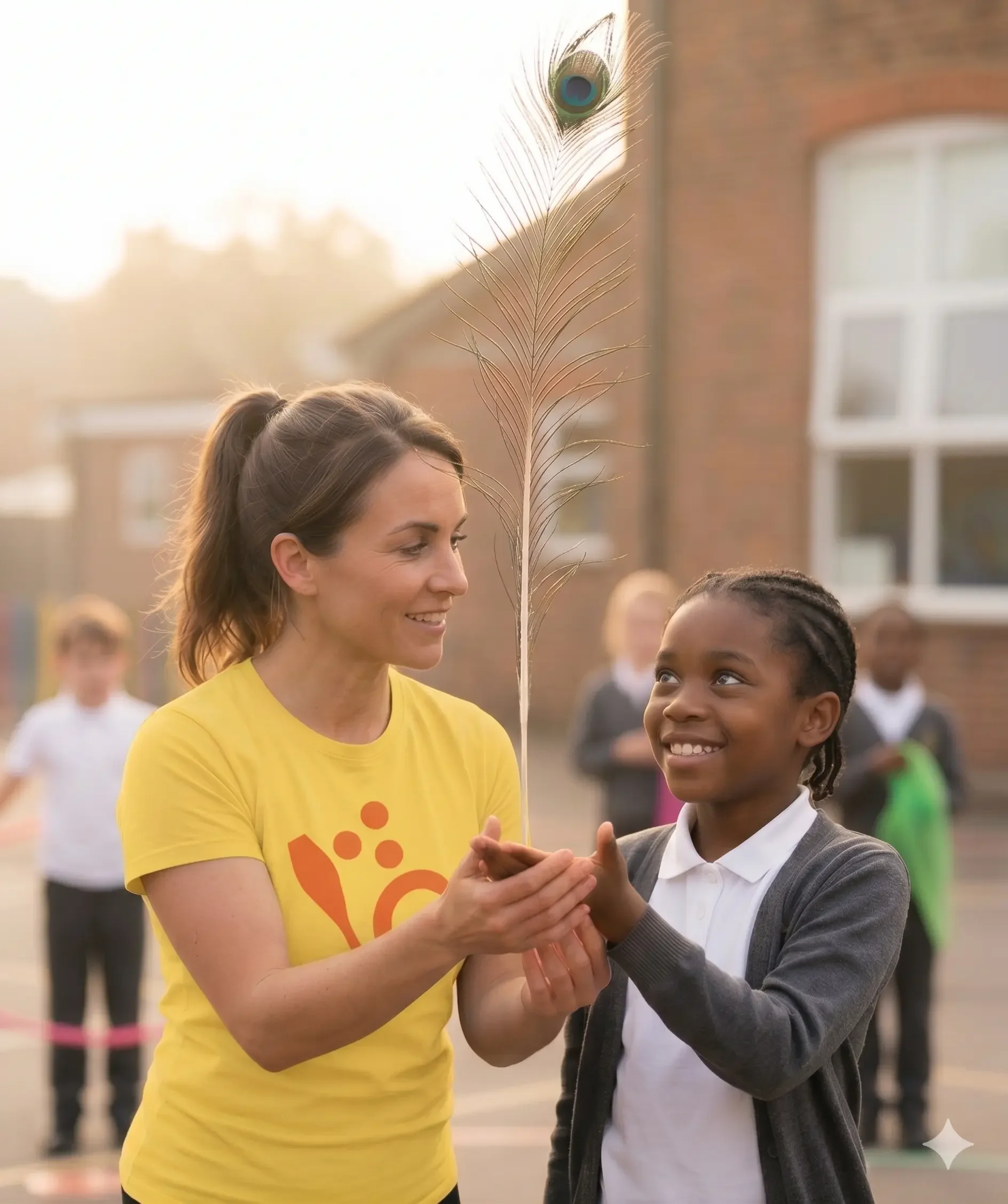 elevate circus workshops teacher helping a child balance a peacock feather on their hand
