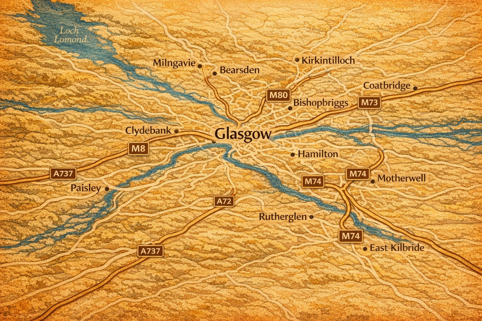A map of Glasgow and the surrounding area.