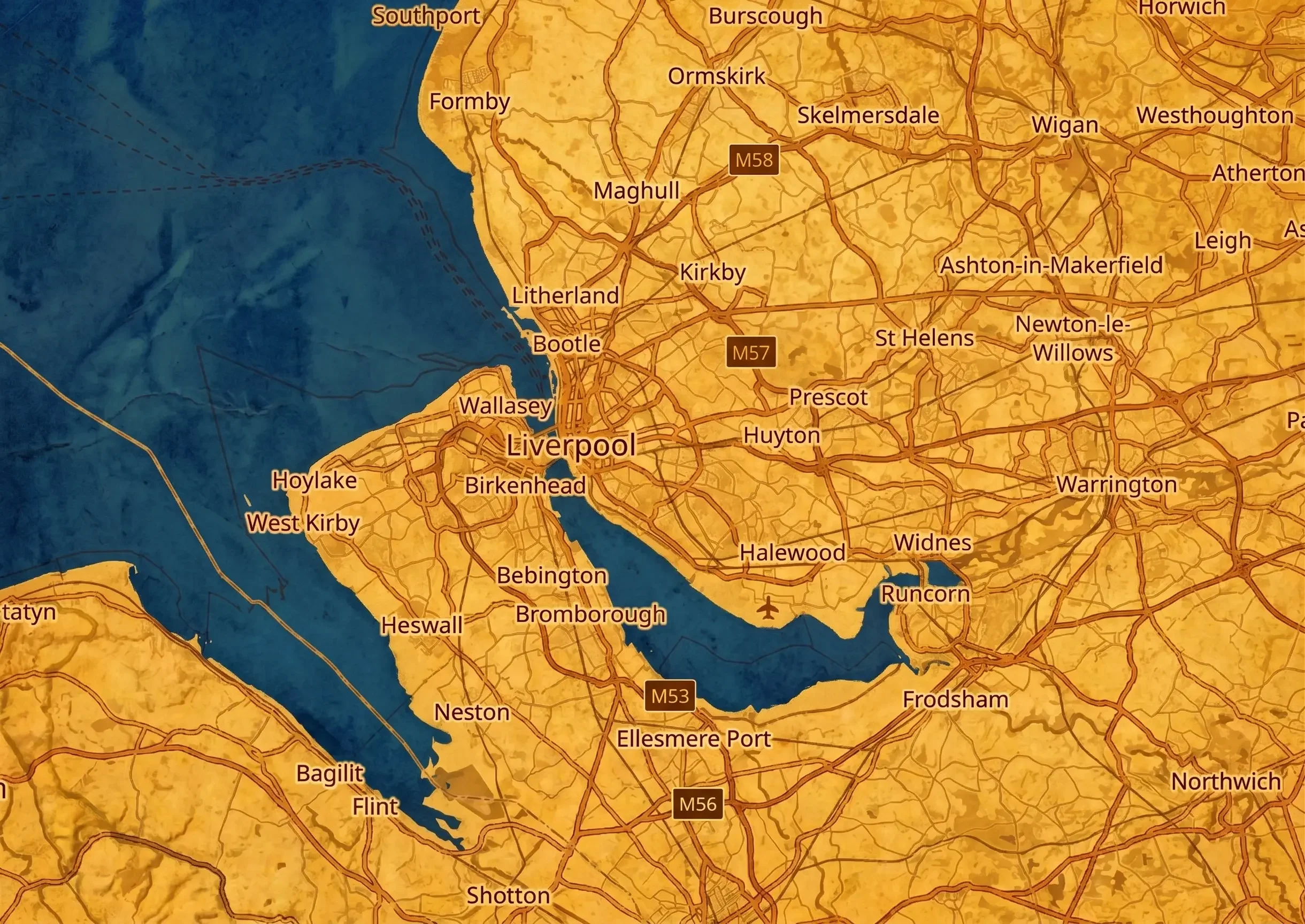 A map of Liverpool and the surrounding area.