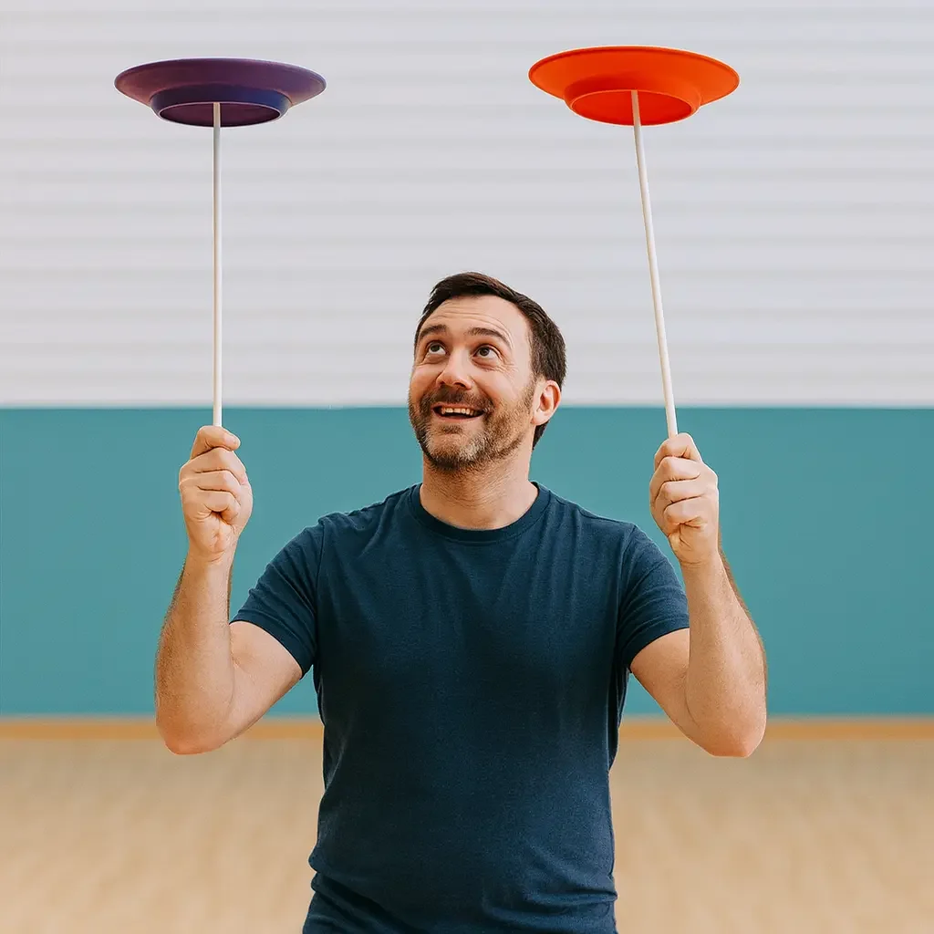 Adult man spinning two plates at a corporate circus skills team building workshop in Derby