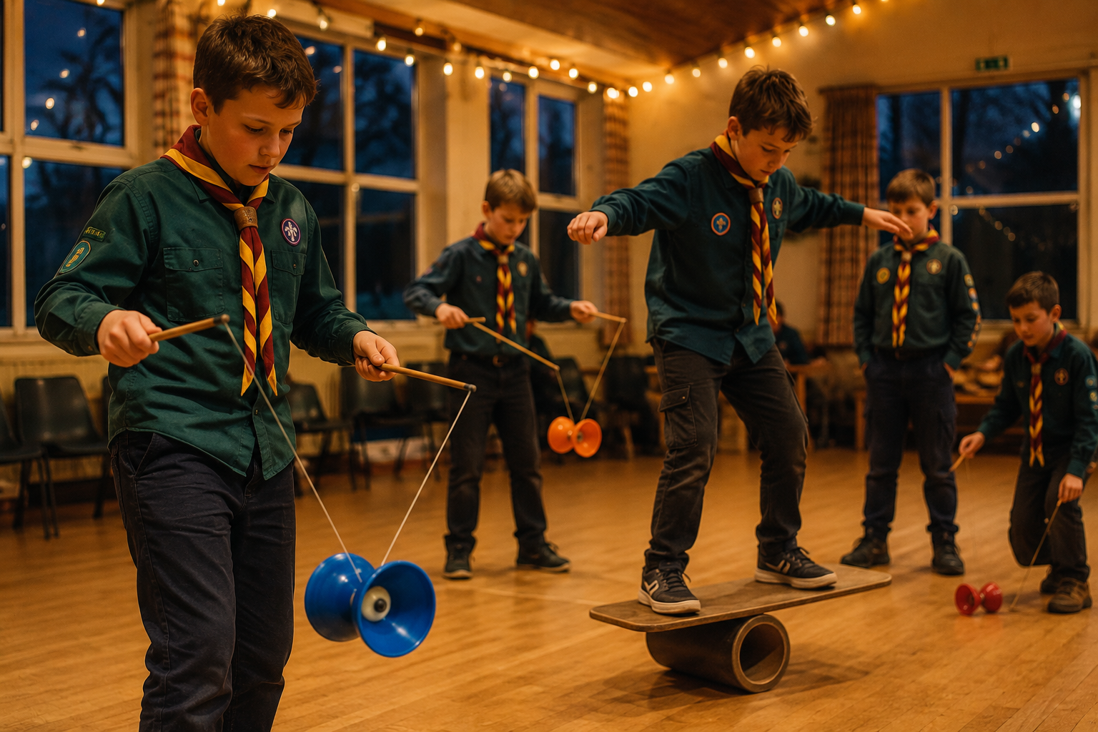 Scouts learning diabolo and balance skills in a community hall lit up on a dark winter evening