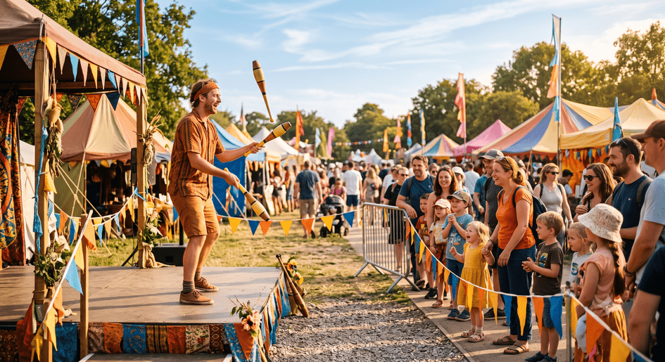 A circus tutor juggling outdoors at a packed summer festival with a queue of families waiting