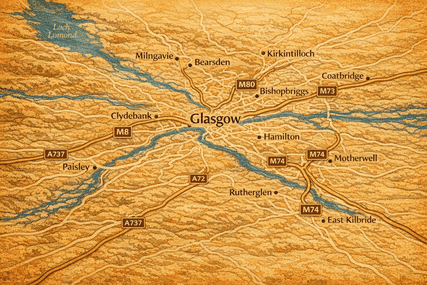 A map of Glasgow and the surrounding area.