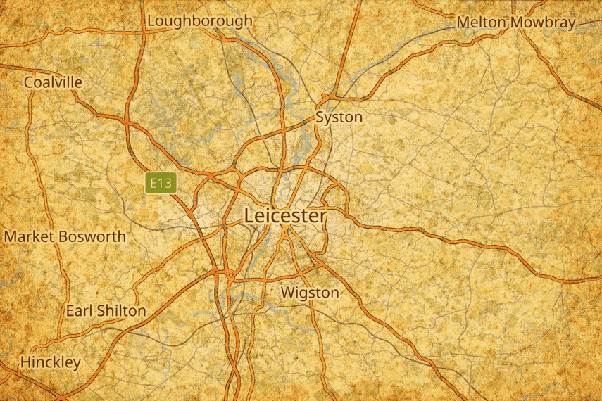 A map of Leicester and the surrounding area.