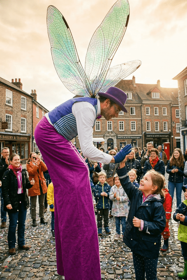 Stilt walker performer entertaining a crowd at an event in the UK