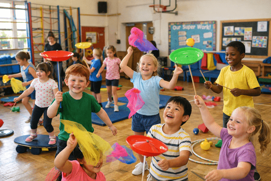 children playing with circus equipment in a school gym