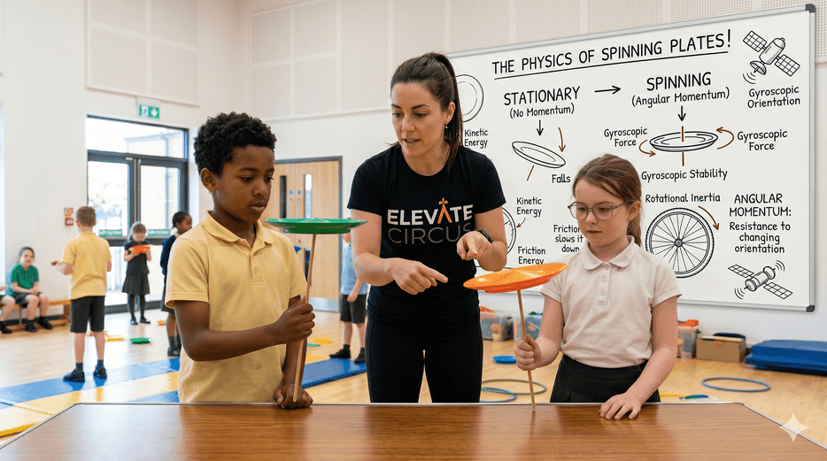 A close-up view of a primary school classroom where a tutor is teaching two students, and a large whiteboard displays hand-drawn physics diagrams and equations explaining gyroscopic stability and angular momentum.