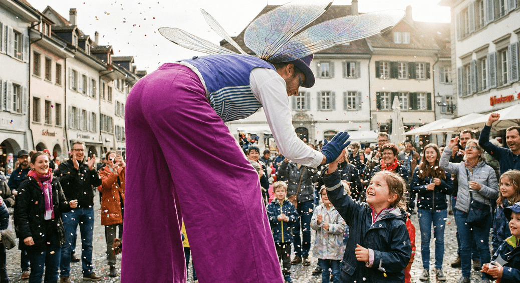 A street performer on stilts, wearing purple trousers, a striped waistcoat, and large iridescent dragonfly wings, bends down to high-five a smiling young girl in a town square.