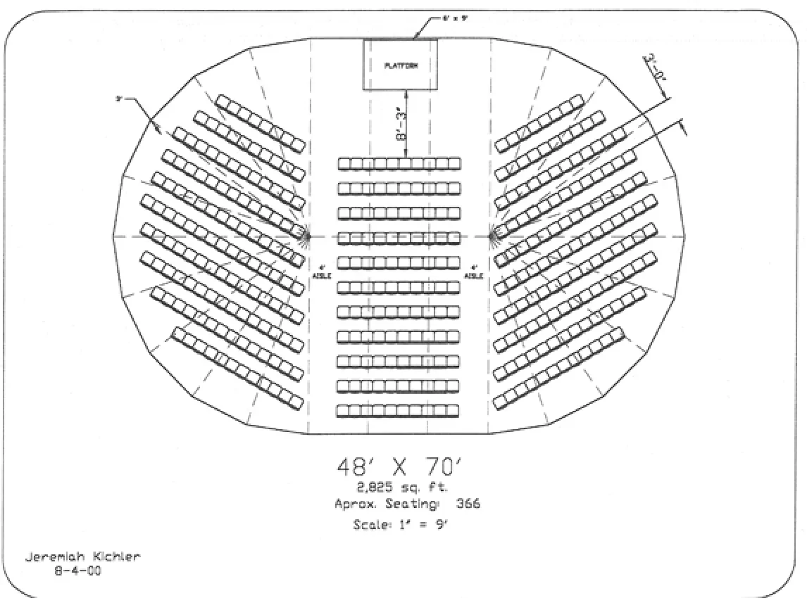 schematic of a 48 by 70 foot oval small circus tent and seating chart
