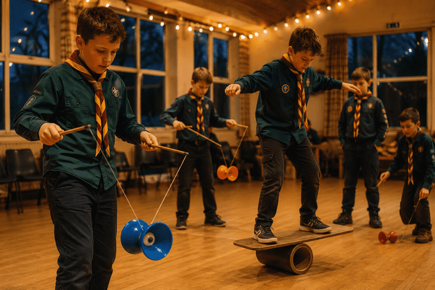 Scouts learning diabolo and balance skills in a community hall lit up on a dark winter evening