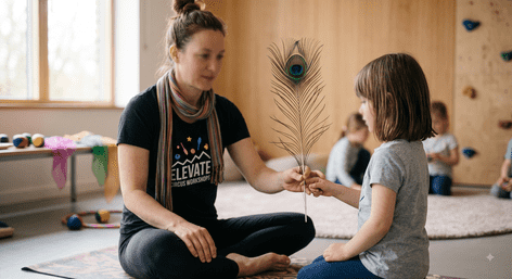 A workshop instructor is gently helping a young SEN child learn to balance a peacock feather
