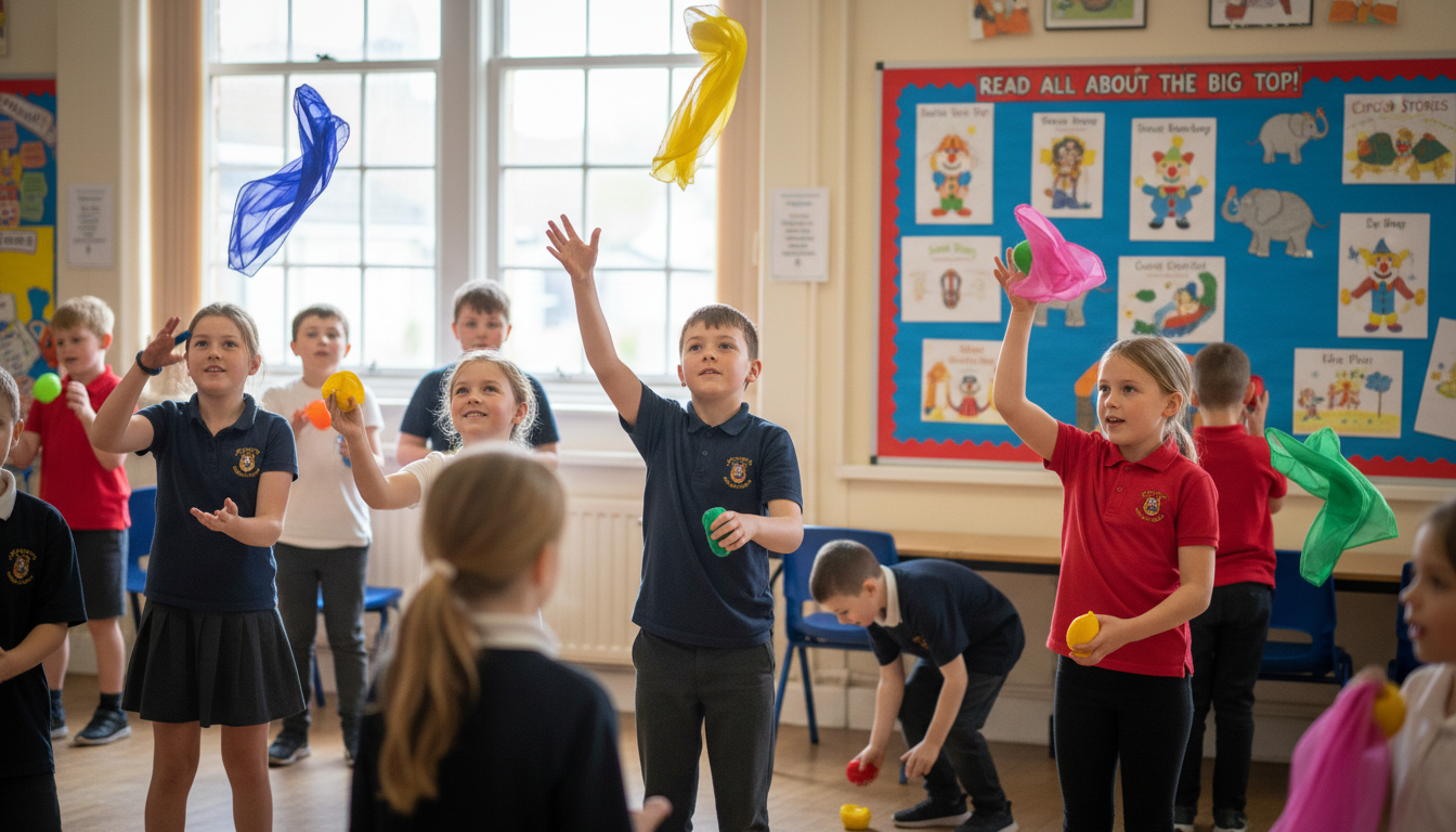 Primary school children in a classroom practicing circus skills by tossing colorful juggling scarves. In the background, a red display board titled "Read All About the Big Top!" features circus-themed student work.