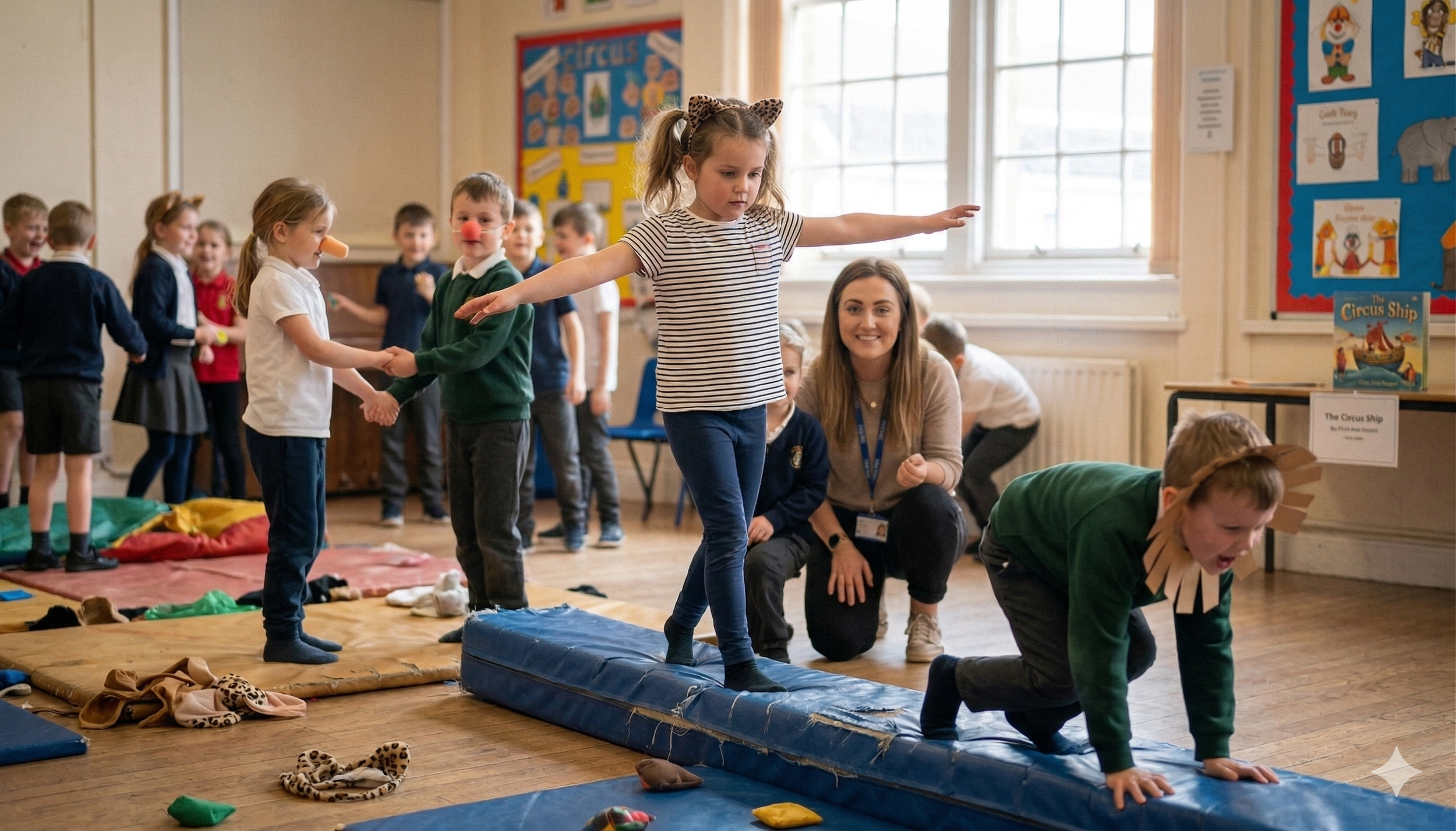 A teacher smiling and looking at the camera during a primary school circus workshop, with a girl balancing and a boy crawling on mats.
