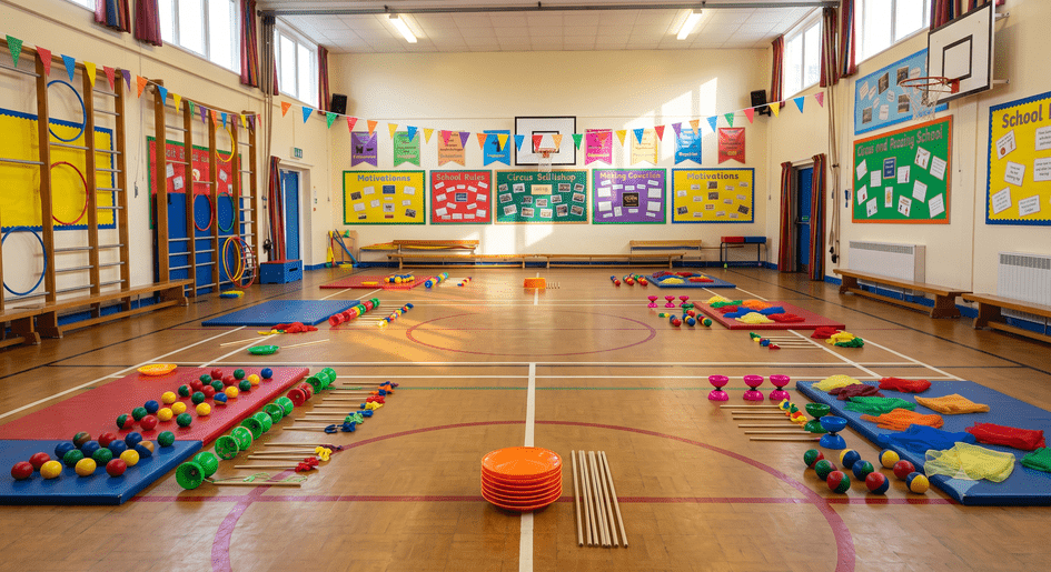 A school hall floor neatly arranged with colorful circus skills equipment, including diabolos and spinning plates, ready for a workshop.