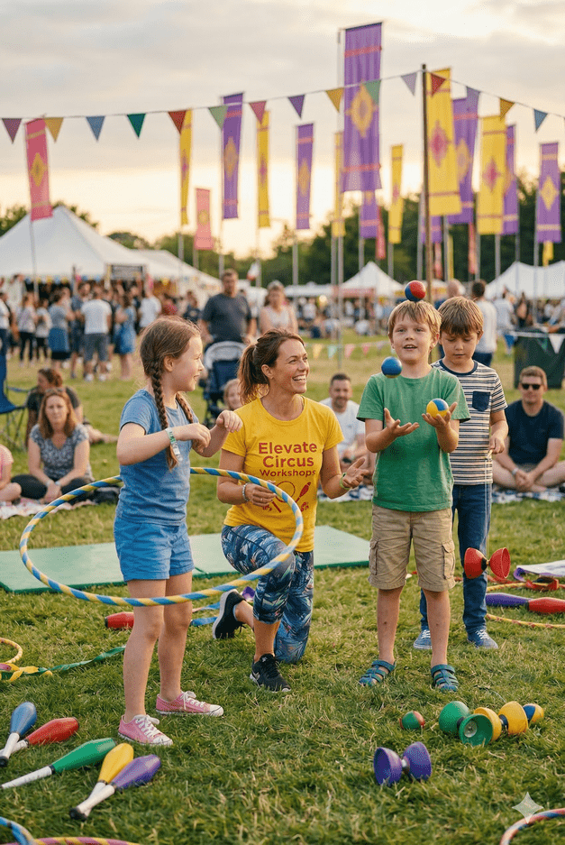 Elevate Circus Workshops tutor teaching children juggling and hula hoop skills at an outdoor UK festival event.