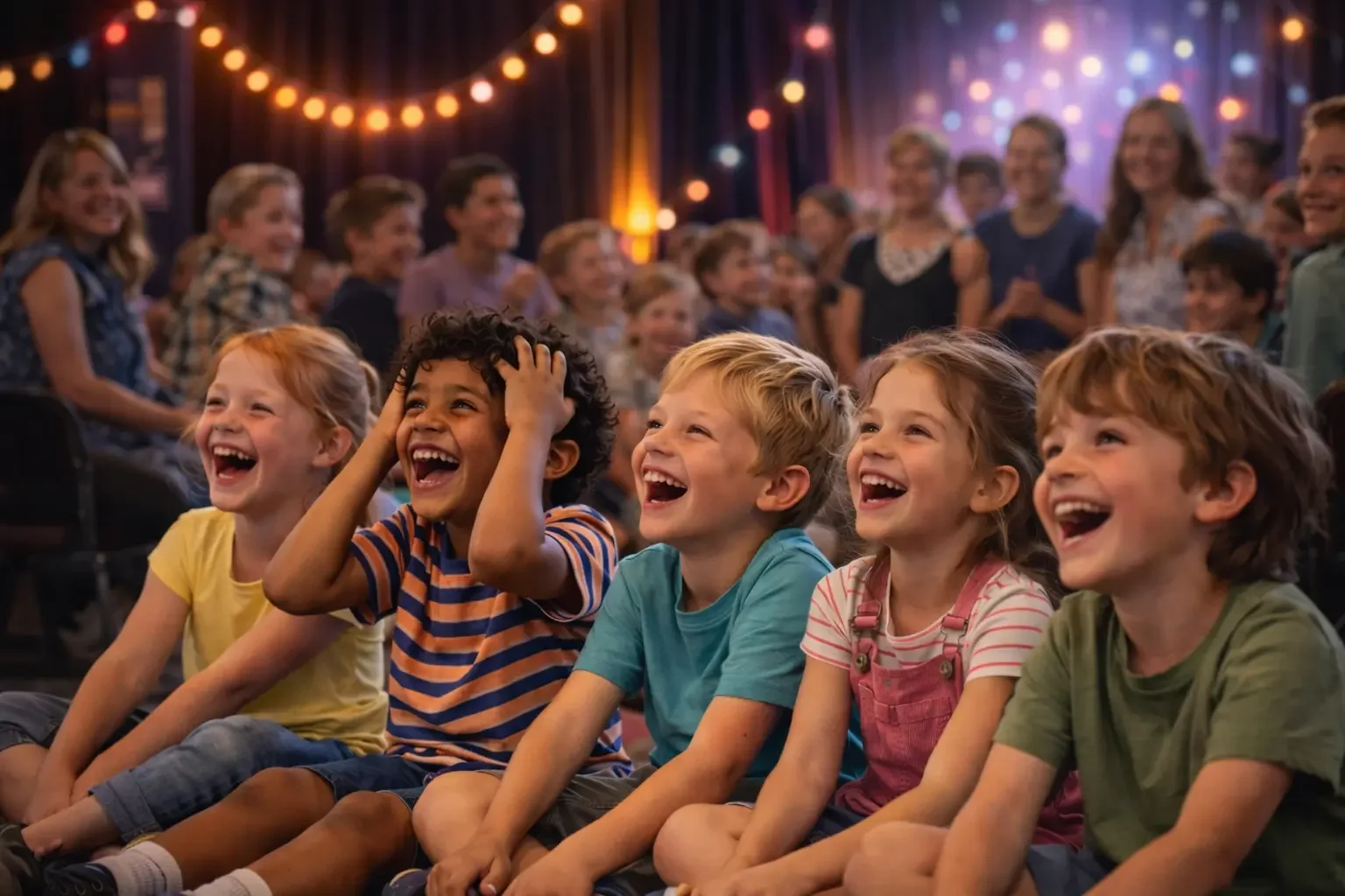 Children sitting on the floor in front, laughing and enjoying a performance, with an audience of adults in the background, under colorful string lights and stage lighting.
