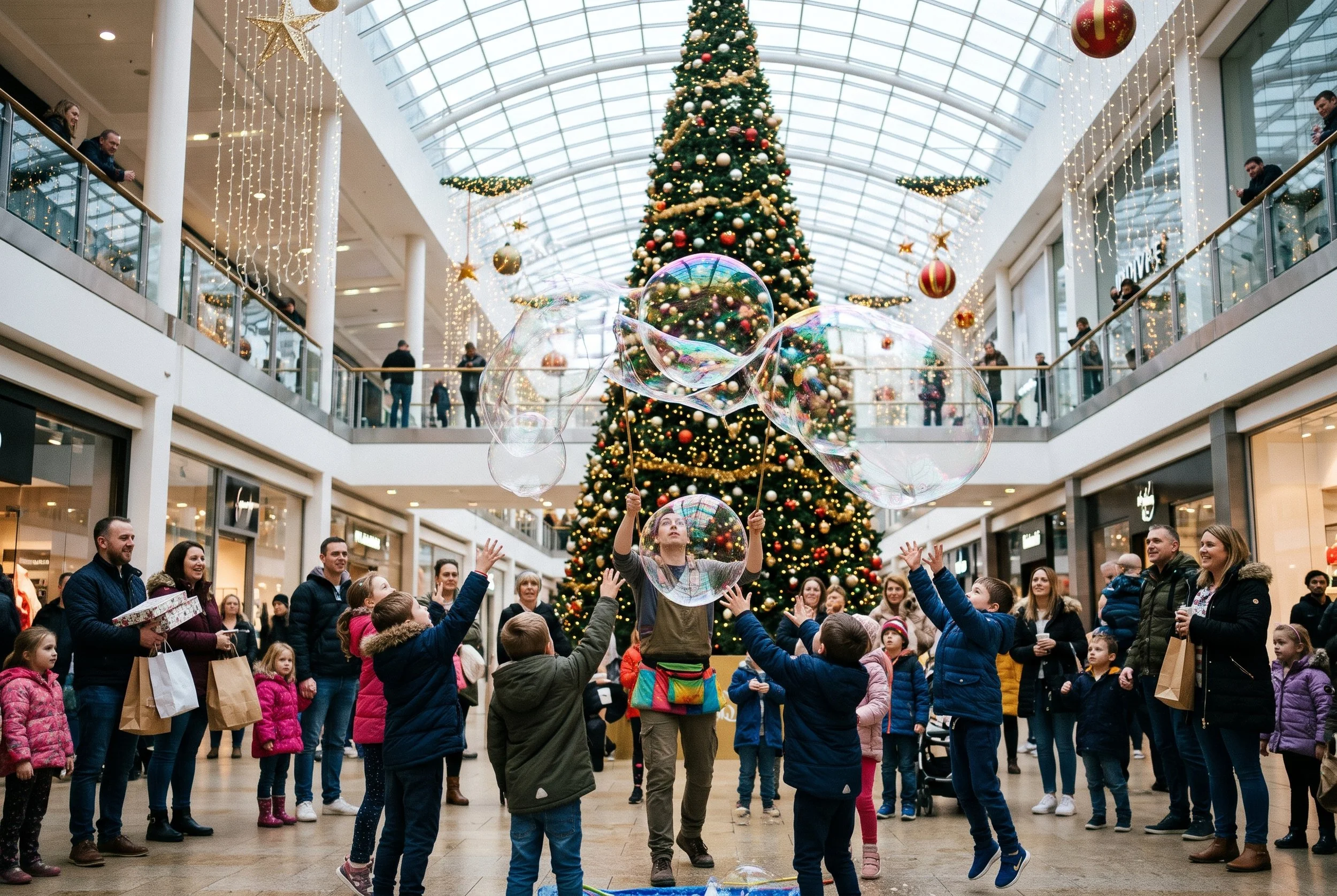 Bubble artist making giant bubbles for children in a shopping centre decorated for Christmas