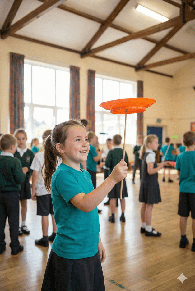 A smiling girl in a school hall balances an orange spinning plate on a stick during a circus workshop at a primary school in the UK.