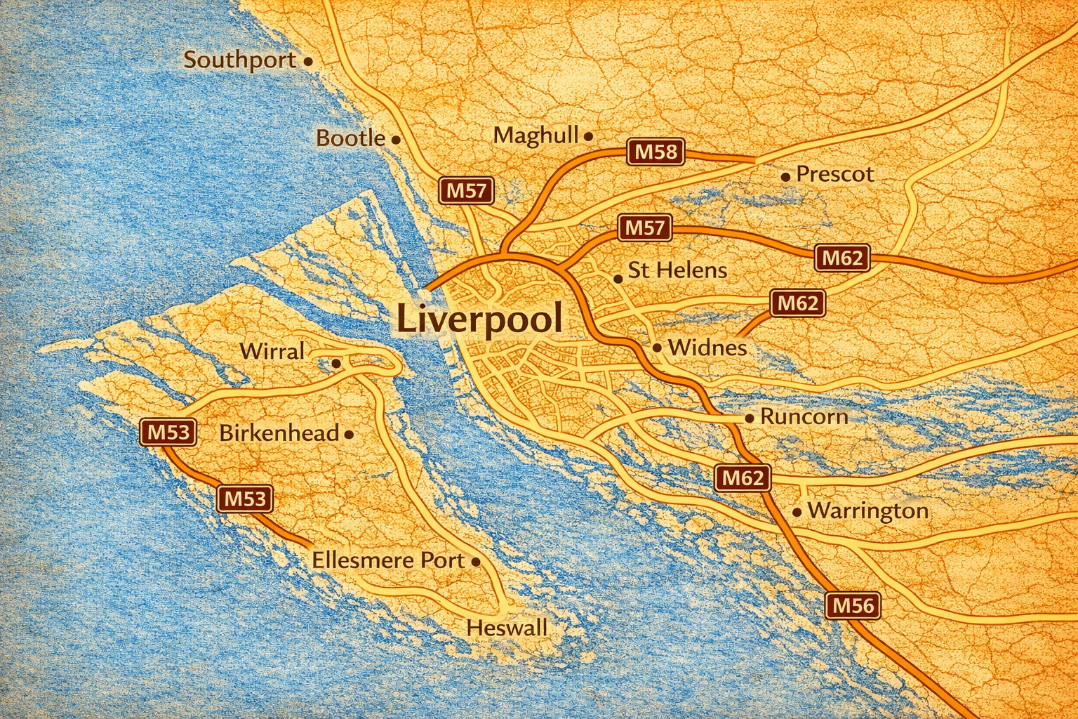 A map of Liverpool and the surrounding area.