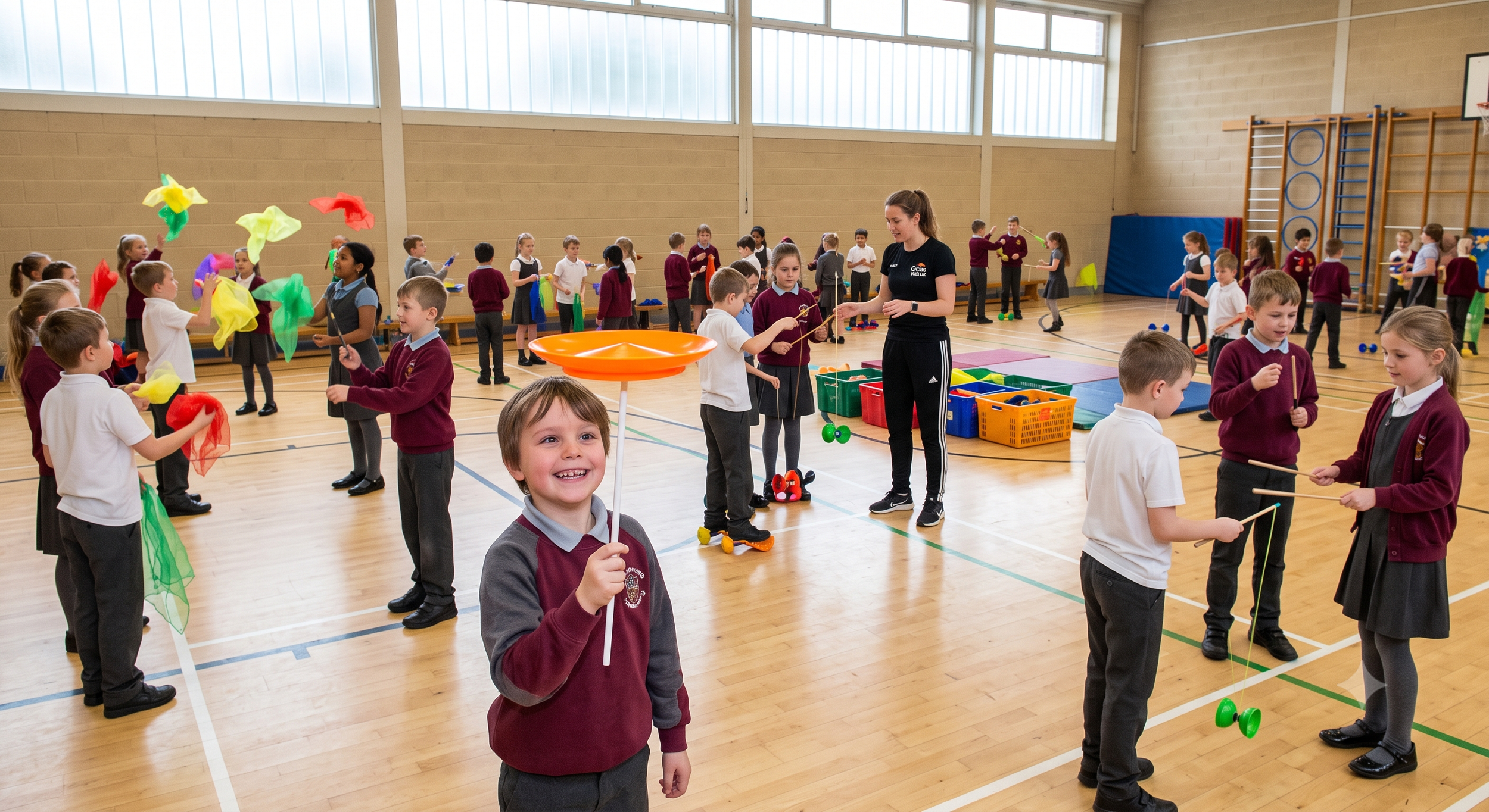 Students in a school hall practicing circus skills like plate spinning.
